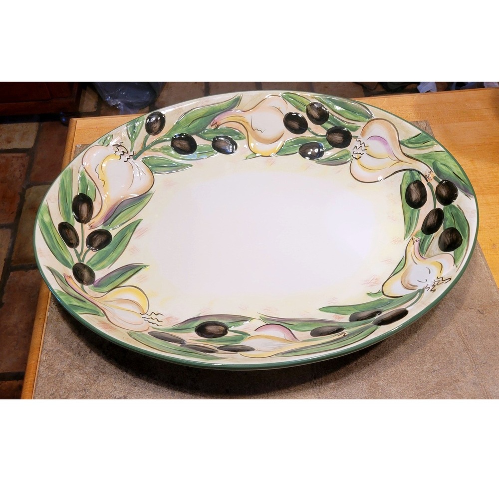 Clay Art Olives Garlic Hand Painted Oval Serving Platter Dish 2002